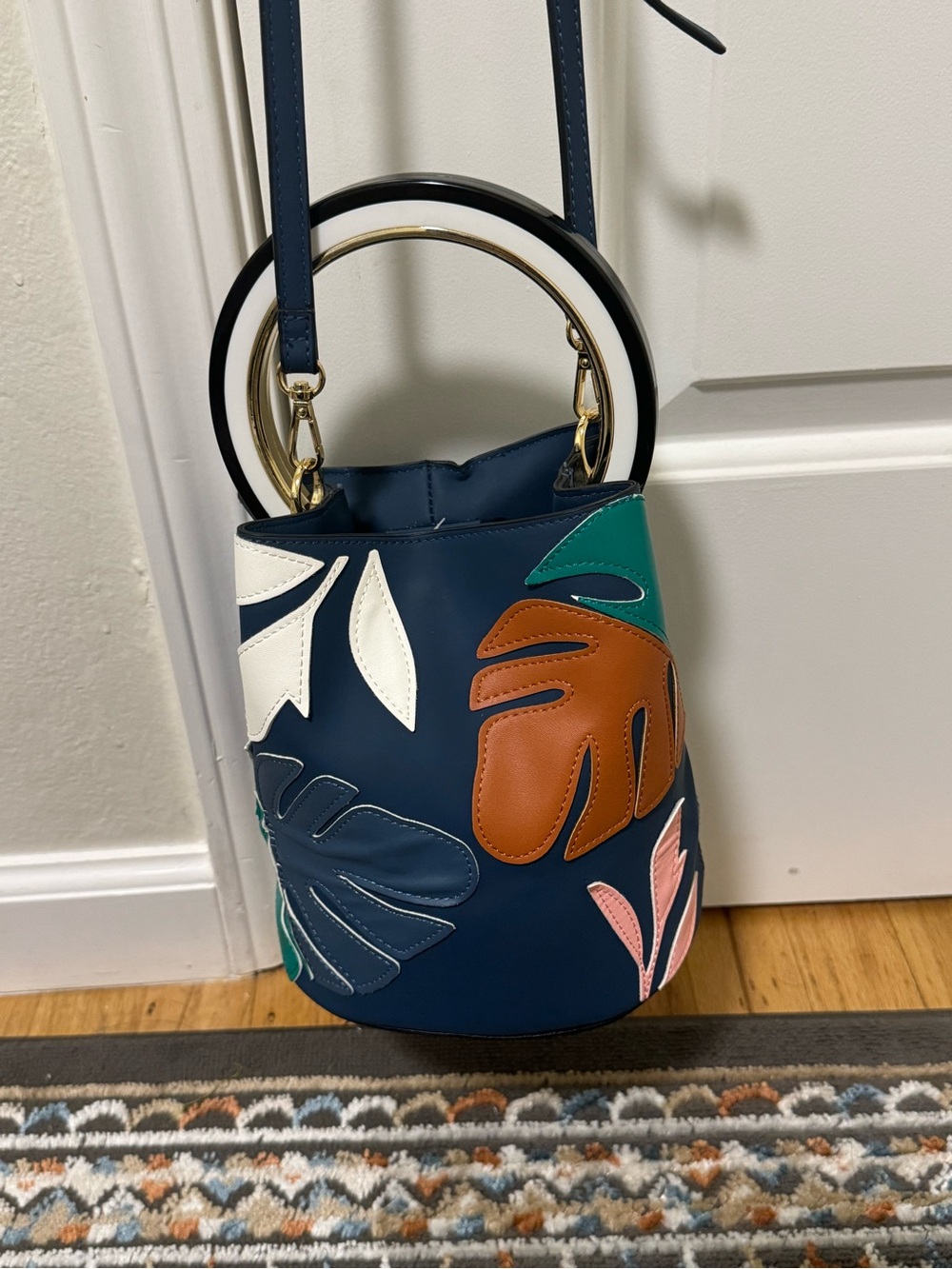 Navy Floral Appliqué Mini Bucket Bag with Gold Ring Handle